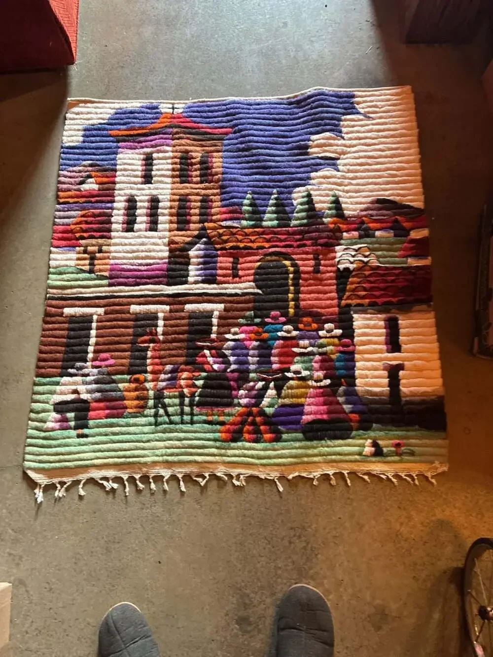 Vintage Handwoven Peruvian Wool Folk Art Wall Tapestry Village Scene